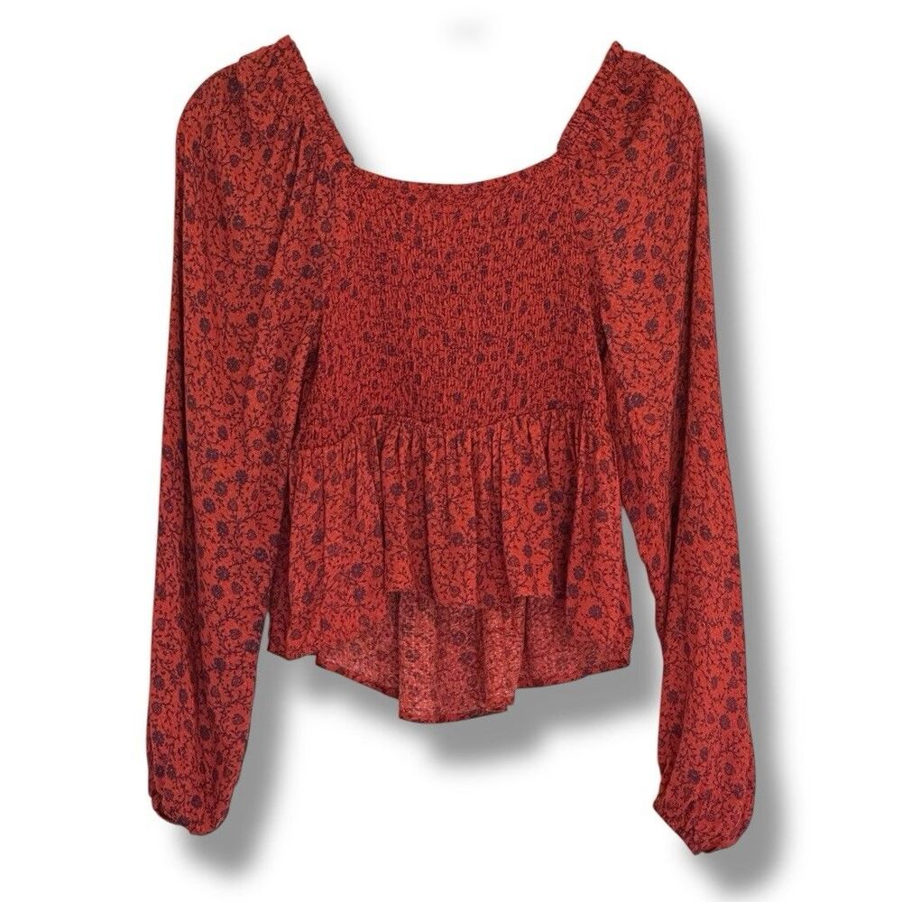 Self Esteem Long sleeve Smocked Blouse Rust Floral XS Boho Cottagecore